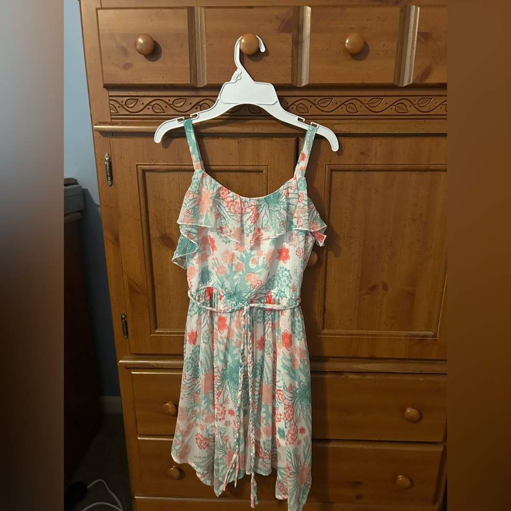 Spaghetti strap, off the shoulder dress with belt